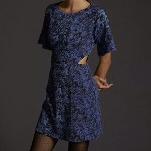 Anthropologie Blue Black Jacquard Cut-out Mini Dress (NWT)